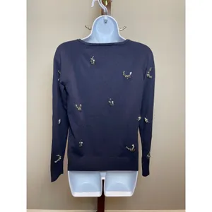 Ann Taylor Navy Knit Rhinestone Detail Long Sleeve Top Size S thumbnail 3