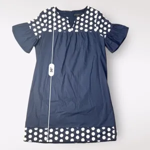 J.Crew Navy Blue White Bell Short Sleeve Fringe‎ Polka Dot Shift Dress Size 8 thumbnail 3