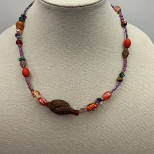Multicolor Vintage Wood & Glass Quartz Necklace New Accents 20” Adustable thumbnail 1