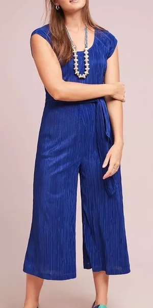 Maeve Anthropologie Blue Pleated‎ Wide Leg Jumpsuit Cropped 2 boho whimsi resort thumbnail 1