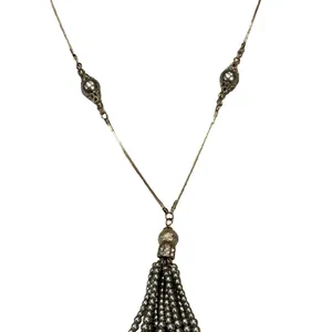Silver-Tone Tassel Necklace with Faux Pearl Station Beads and Rhinestone Accents thumbnail 3