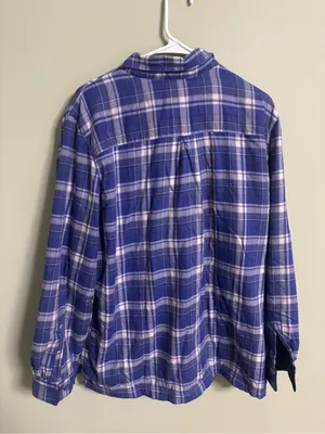 L.L. Bean Women’s Fleece Lined Flannel Shirt Size XL Purple Plaid Button Shacket thumbnail 2