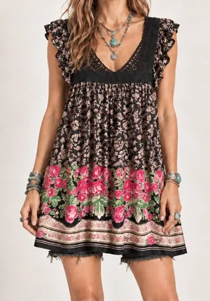Vintage ANGIE Floral Border Print Crochet Boho Tunic Top Medium NWOT thumbnail 1