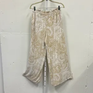 Ellen Tracy Floral Paisley Wide Leg Lounge Pants Smocked Waist Large Tan White thumbnail 2