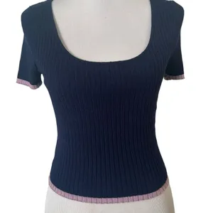Ribbed Knit Cropped Baby Tee‎ Ruffle Edge Top S Navy Blue Pastel Stretch Indie thumbnail 6