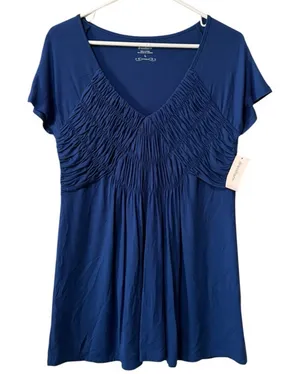 Dressborn Women Size Large Blue Ruffle Short Sleeve Blouse Stretch‎ Office NWT thumbnail 1