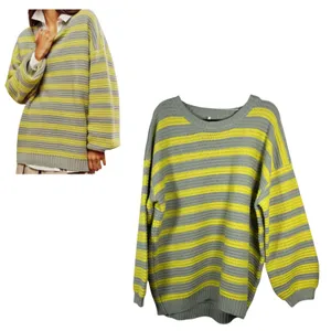Free People Links Oversized Chunky Knit Sweater Grey Yellow Stripe Size Medium thumbnail 2
