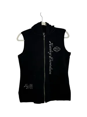 Harley Davidson Hooded Sweatshirt Vest Zip Up Rhinestone Y2K Black Medium thumbnail 10