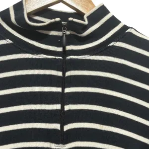 LL Bean Women Top M Navy‎ White Striped Mock Neck Cotton Shirt Preppy Coastal thumbnail 3