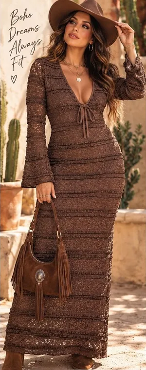 Brown Lace Ruffle Tiered Maxi Dress V-Neck Long Sleeve M thumbnail 1