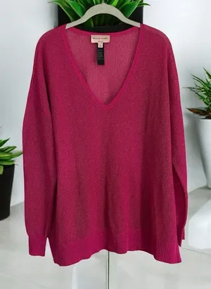Chico's Black Label V-Neck Metallic Sweater Pink XL Women Shimmer Knit‎ Pullover thumbnail 1