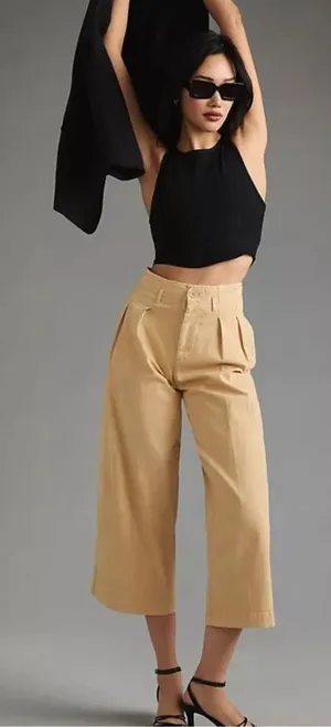 Maeve Anthropologie Remi Wide Leg Cropped Pants Beige High Waist Culottes Size 8 thumbnail 1