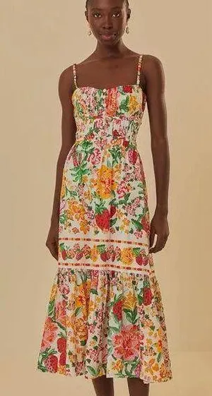 NEW FARM Rio Floral Sketch White Midi Dress Size M thumbnail 1
