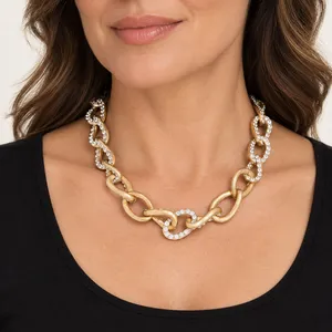 Chunky Gold Tone Rhinestone Chain Link Necklace Statement Runway Choker Glam thumbnail 1
