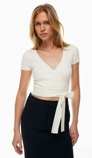 Wilfred Aritzia All Tied Up Short Sleeve Ribbed Cropped White Wrap Sweater thumbnail 1