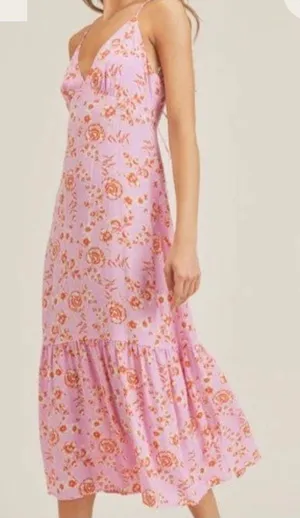 NEW Pink Floral Open Back Midi Dress S thumbnail 1