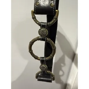 VTG Black Leather Belt Gold Brass Rings Snap Closure Western Hobo Boho 42" M/L‎ thumbnail 2