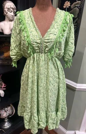 Three Stars Boho Embroidered Fringe Mini Dress – Bright Green Floral – Size S/M thumbnail 1