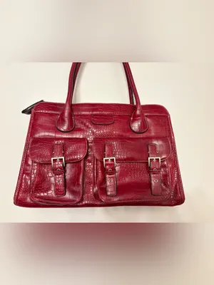 Red Croc Embossed Satchel Handbag 3 Buckle Pockets Structured Tote thumbnail 2