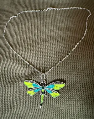 Silver Dragonfly Pendant Necklace in Lime Green & Teal thumbnail 1