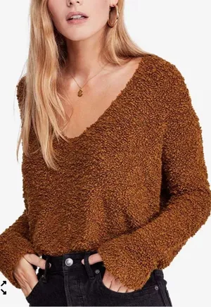 Free People Fuzzy Popcorn V-Neck Sweater Size Large Cropped Slouchy Boho Casual thumbnail 1