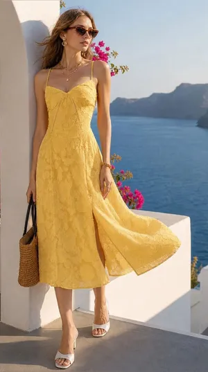 Rihoas Yellow X Cross Jacquard Slip Midi Dress thumbnail 1