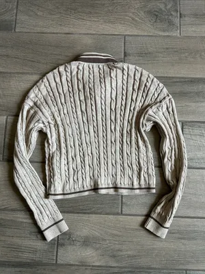Gymshark Cropped Cable-Knit Polo Sweater in Light Beige with Brown Trim thumbnail 5