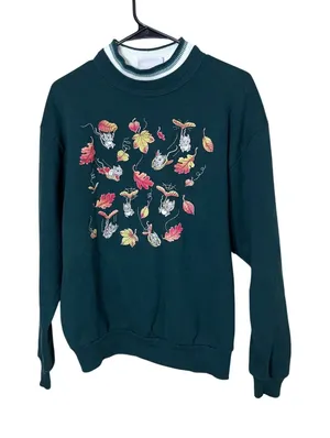 Vintage Morning Sun Forest‎ Green Crewneck Sweatshirt Mouse Leaf Print M thumbnail 1