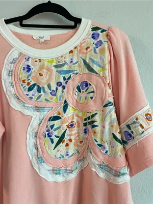 Easel Flower Patch Puff Sleeves Soft Washed Terry Knit Top Size Large thumbnail 5