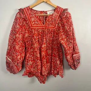 CLEOBELLA Mylah Blouse block print orange/red/white organic cotton top size xs thumbnail 4