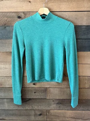 American Eagle Ribbed Mock Neck Long Sleeve Crop Top Teal Green thumbnail 1