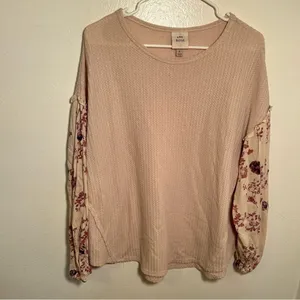 Knox Rose Womens Sz Medium Thermal Top Long Sleeve Light Pink Contrasting Floral thumbnail 3