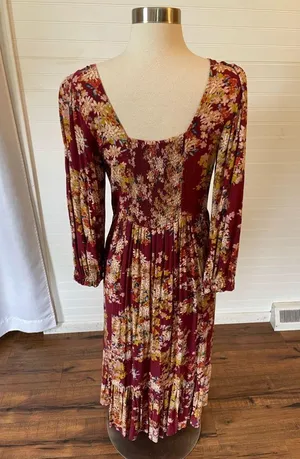 Skies Are Blue Floral Burgundy Print Midi Length Dress thumbnail 7