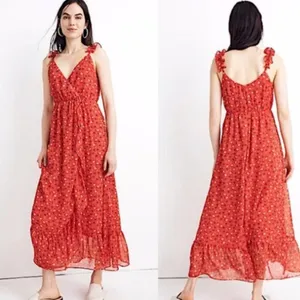 NWT Madewell Ruffle Strap Wrap Prairie Dress Red thumbnail 3