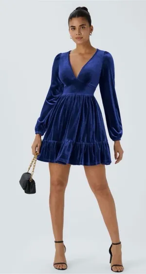 Halara Royal Blue Velvet Deep V Neck Long Sleeve Ruffle Hem Dress Size Small NEW thumbnail 1
