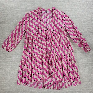 Zara Geometric Babydoll Dress Womens Medium Pink High Low Tunic Tiered Loose Fit thumbnail 1