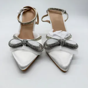 ZAPATOCK White Satin Rhinestone Bow Pointed Toe Stiletto Pumps Wedding Heels 6.5 thumbnail 5