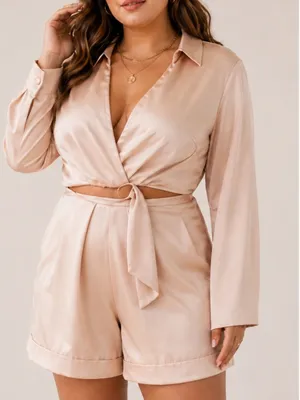 Hello Molly Girls On Top Satin Playsuit Tan Romper Glam Tie Waist thumbnail 11