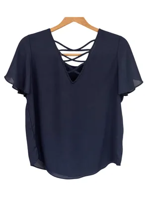 Pink Rose Navy Blue Flutter Sleeve Crisscross Back Sheer Blouse Top Size Medium thumbnail 2