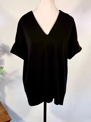 💥COS Black V-Neck Relaxed Oversized Stretch Top Turnback Cuff Sz XS 💛 thumbnail 3