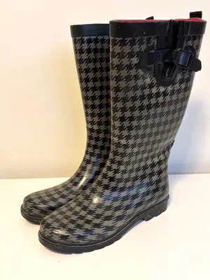 Capelli New York Rubber Wellies Rain Boots Black Grey Houndstooth Womens Size 8 thumbnail 2