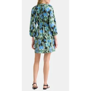 Time and Tru Womens Mini Dress Sz M Floral Ikat Black Ruffle Neck Boho Vacation thumbnail 4