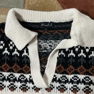 Marled Fair Isle Polo Sweater Women Size S White Black Brown Knit V-Neck Slv thumbnail 4