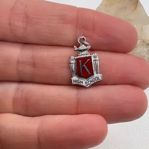 Vintage 1972 High School Crest Charm‎ Red Enamel Letter K Silver Tone Pendant thumbnail 4