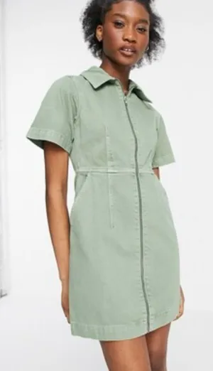 Topshop Clean Front Zip Denim Mini Shirtdress Dress in‎ Light Olive Green Size 4 thumbnail 1