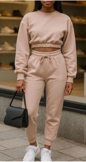 Zenana 2 Pcs Crop Sweatshirt Tracksuit Jogger Pants Set Outfit Active Loungewear Pale Peach Size Large thumbnail 1