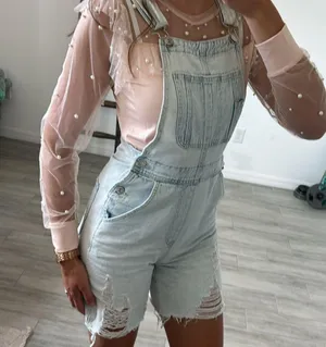 Hennes & Mauritz NWOT light wash denim blue boho high rise 90’s overall Shorts size XS thumbnail 2