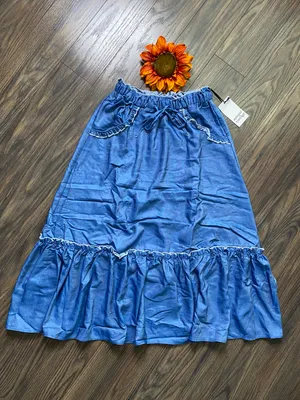 Unique Vintage NWT 1970s Chambray Ruffle Tiered Midi Skirt X-SMALL thumbnail 6