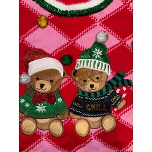 Holiday Time Womens Red Pink Argyle Teddy Bear Ugly Christmas Sweater Lg 12-14‎ thumbnail 3