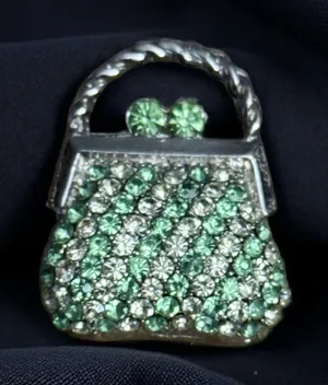 Vintage rhinestone purse brooch Green thumbnail 1
